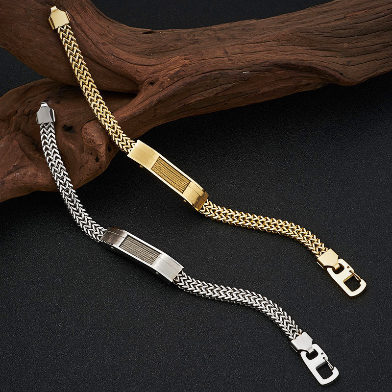 メンズブレスレット 編み込みチェーン留め具付き識別板装飾ブレスレット