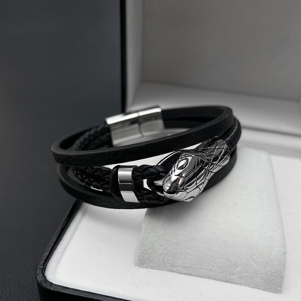 メンズブレスレット 蛇モチーフ本革レザー編み込み装飾ブレスレット