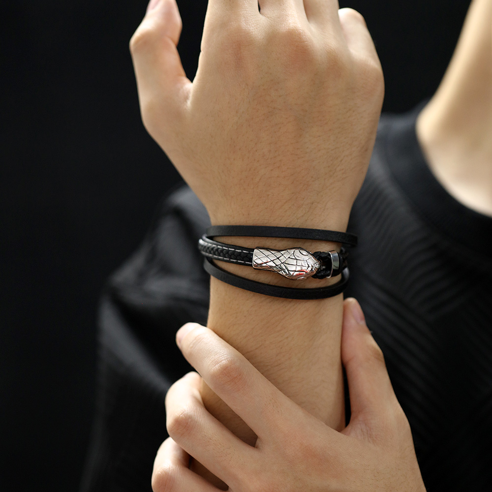 メンズブレスレット 蛇モチーフ本革レザー編み込み装飾ブレスレット