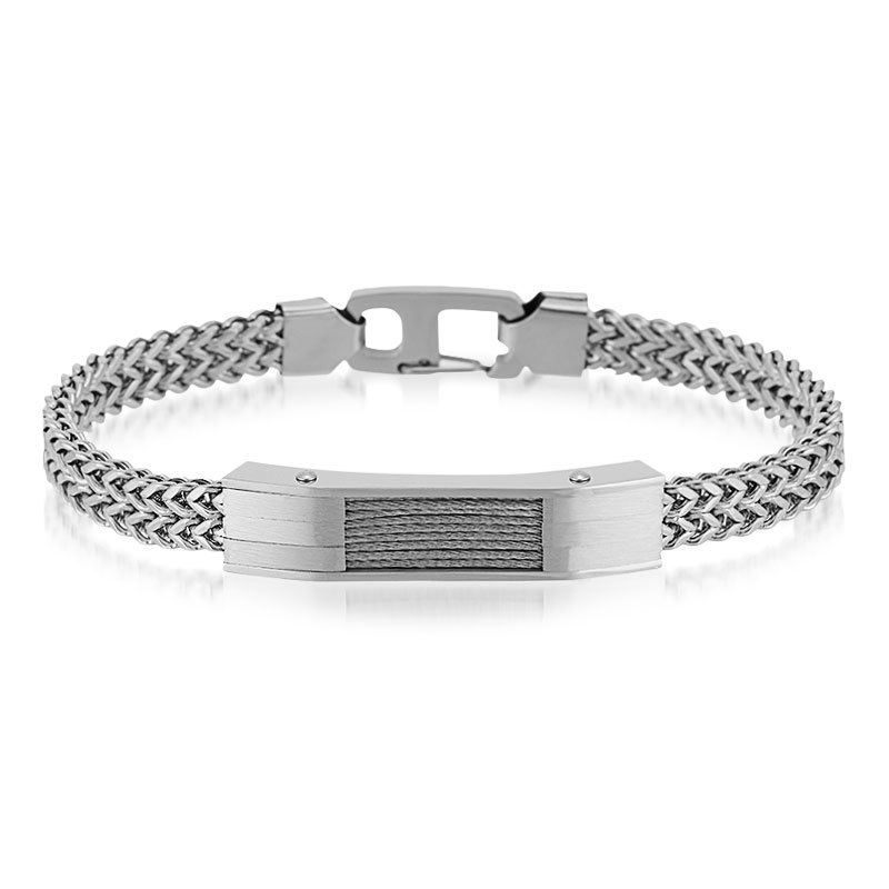 メンズブレスレット 編み込みチェーン留め具付き識別板装飾ブレスレット