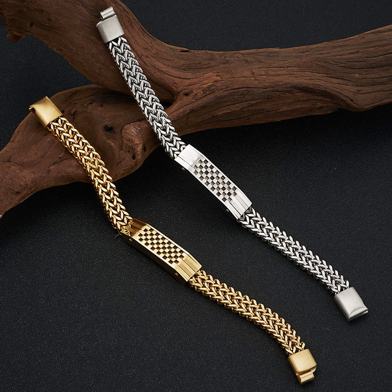 メンズブレスレット 市松模様プレート付き二重編み込みシンプルチェーンブレスレット