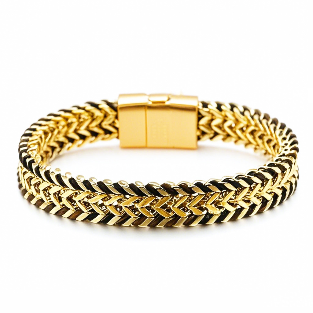 メンズブレスレット 二連編み込みチェーン マグネット留め具ブレスレット