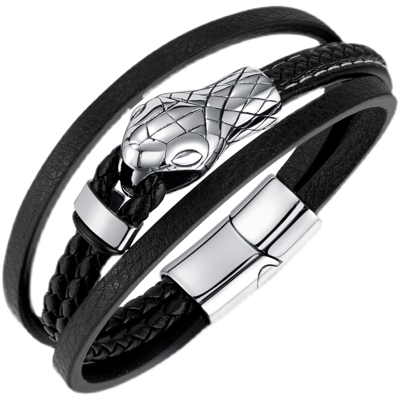 メンズブレスレット 蛇モチーフ本革レザー編み込み装飾ブレスレット