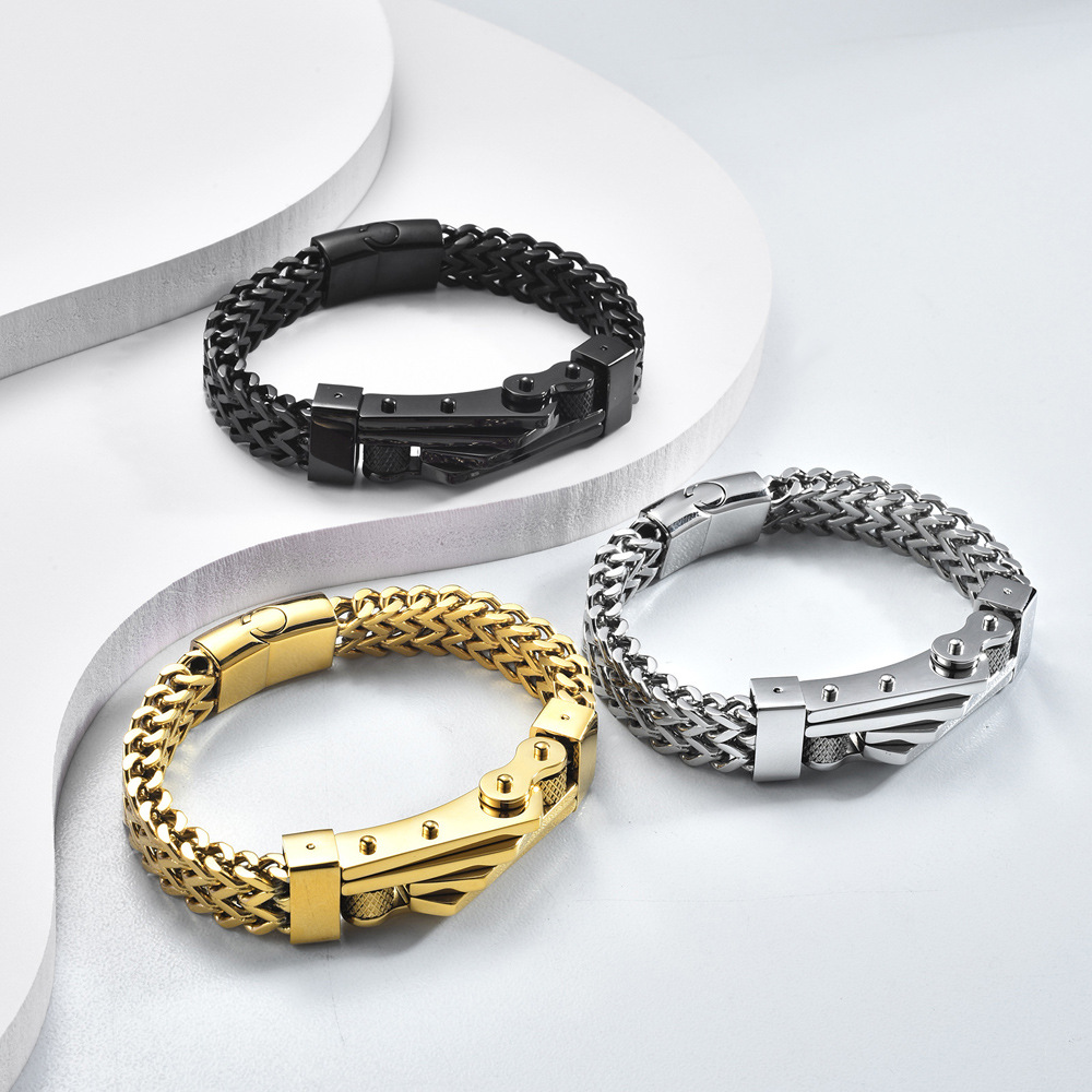 メンズブレスレット 二重喜平チェーン立体プレート付き重厚感腕輪