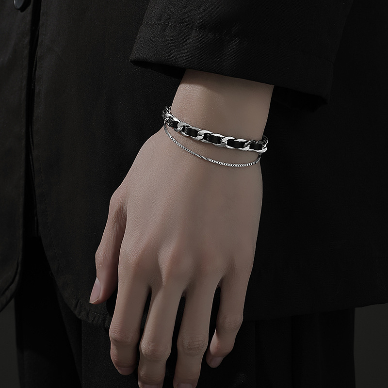 ブレスレットメンズ 紐編み込み二連ブレスレット