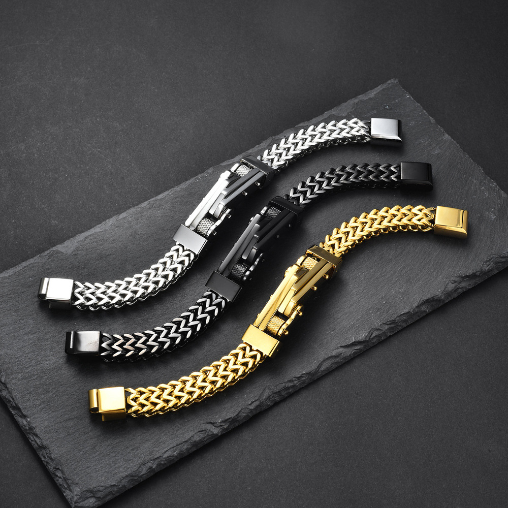 メンズブレスレット 二重喜平チェーン立体プレート付き重厚感腕輪