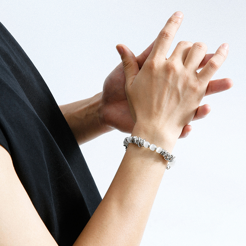 メンズブレスレット パワーストーン編み込み金属パーツ組み合わせブレスレット