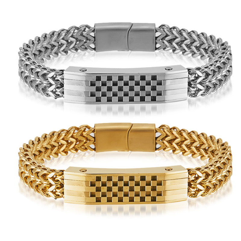 メンズブレスレット 市松模様プレート付き二重編み込みシンプルチェーンブレスレット