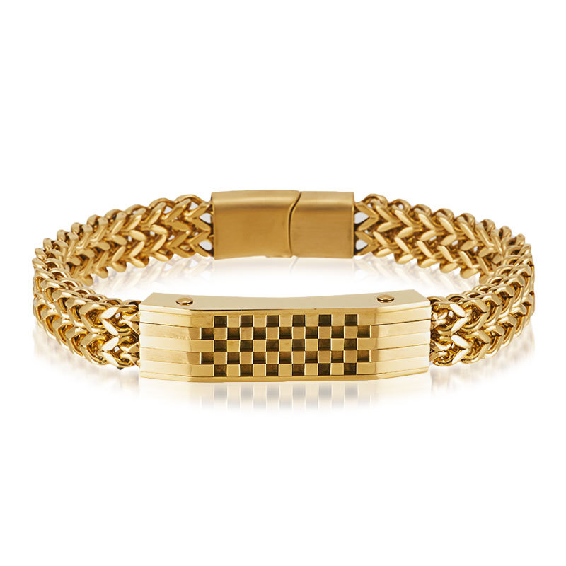 メンズブレスレット 市松模様プレート付き二重編み込みシンプルチェーンブレスレット