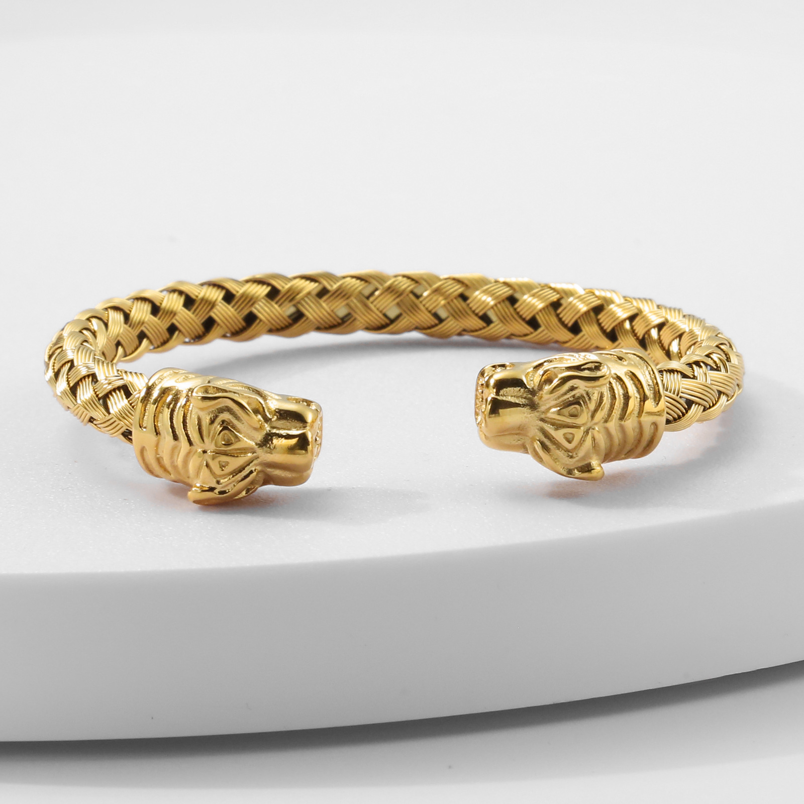 メンズブレスレット 虎頭モチーフ編み込みバングルブレスレット