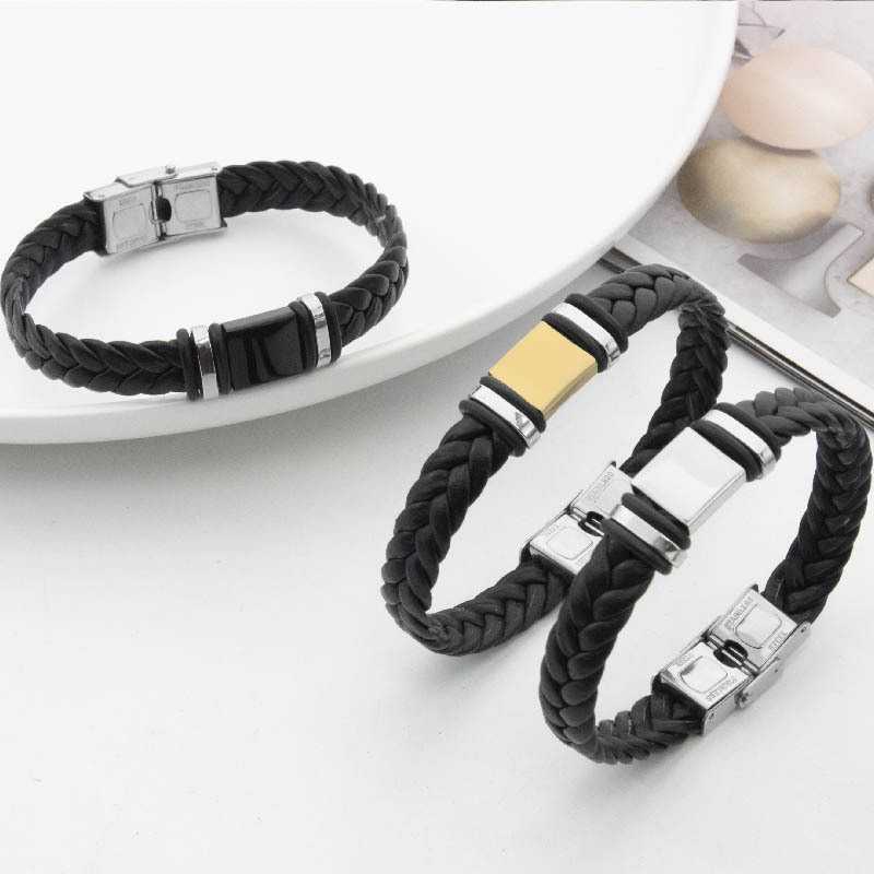 ブレスレットメンズ 編み込み革紐 金具付きブレスレット