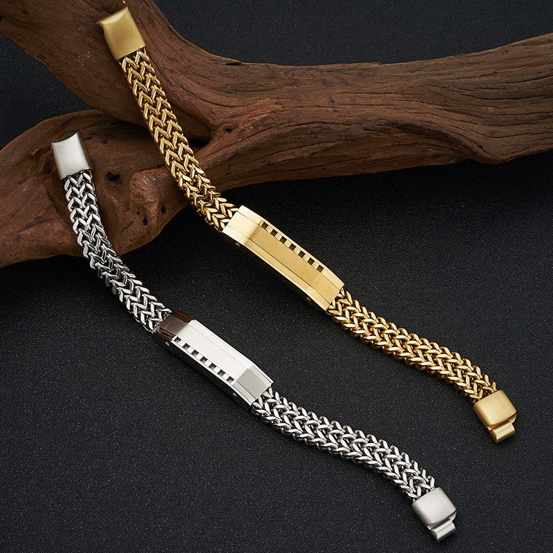 メンズブレスレット 二重編み込みチェーン識別プレート付きシンプルブレスレット