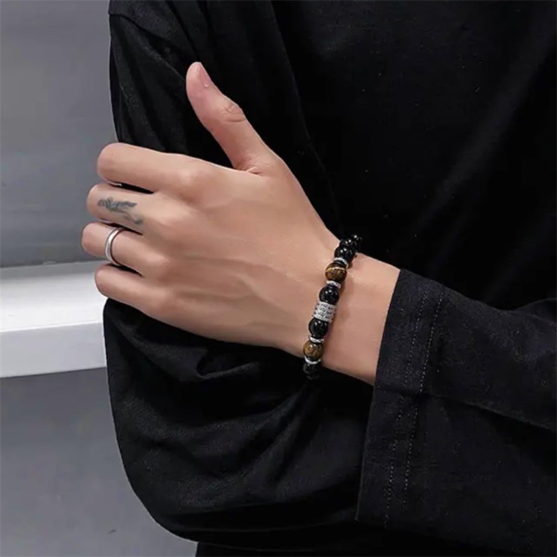 ブレスレットメンズ 虎目石と黒曜石の守護ブレスレット