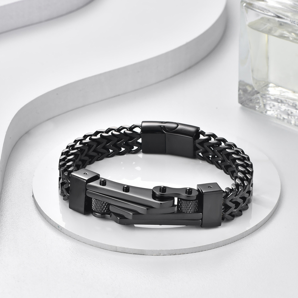 メンズブレスレット 二重喜平チェーン立体プレート付き重厚感腕輪