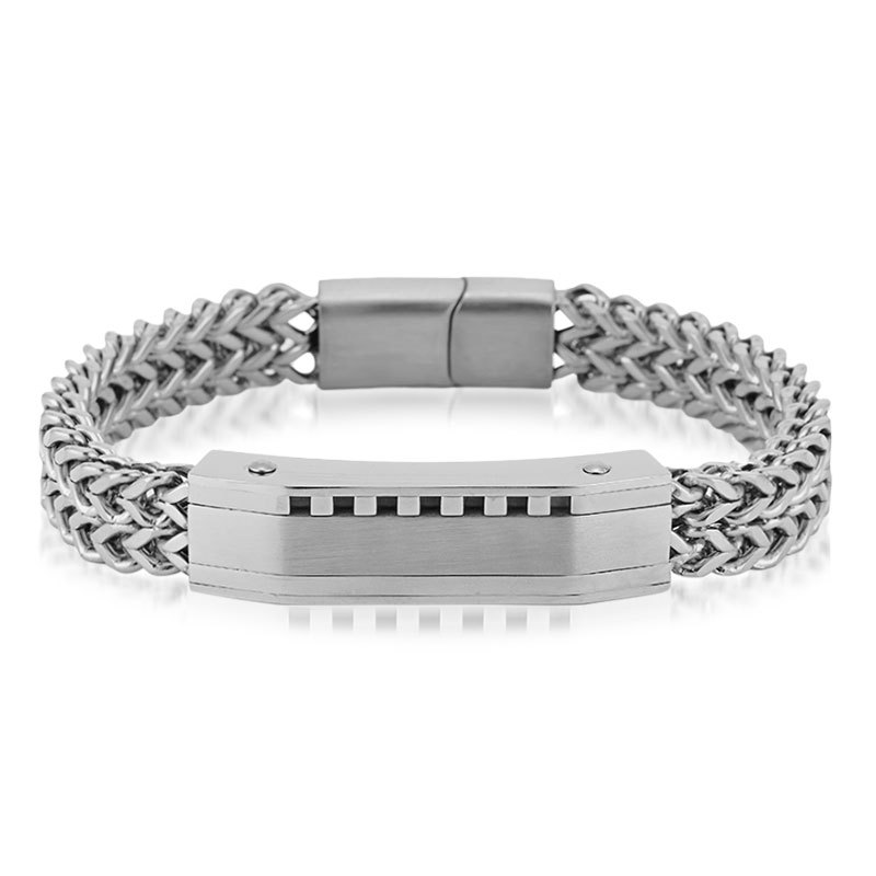 メンズブレスレット 二重編み込みチェーン識別プレート付きシンプルブレスレット