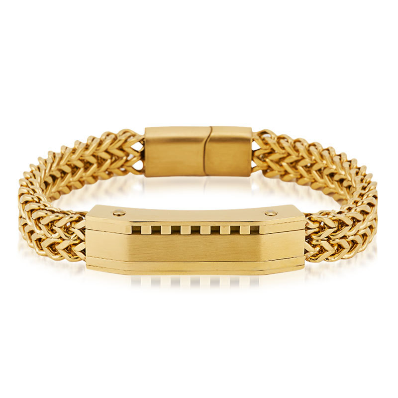 メンズブレスレット 二重編み込みチェーン識別プレート付きシンプルブレスレット