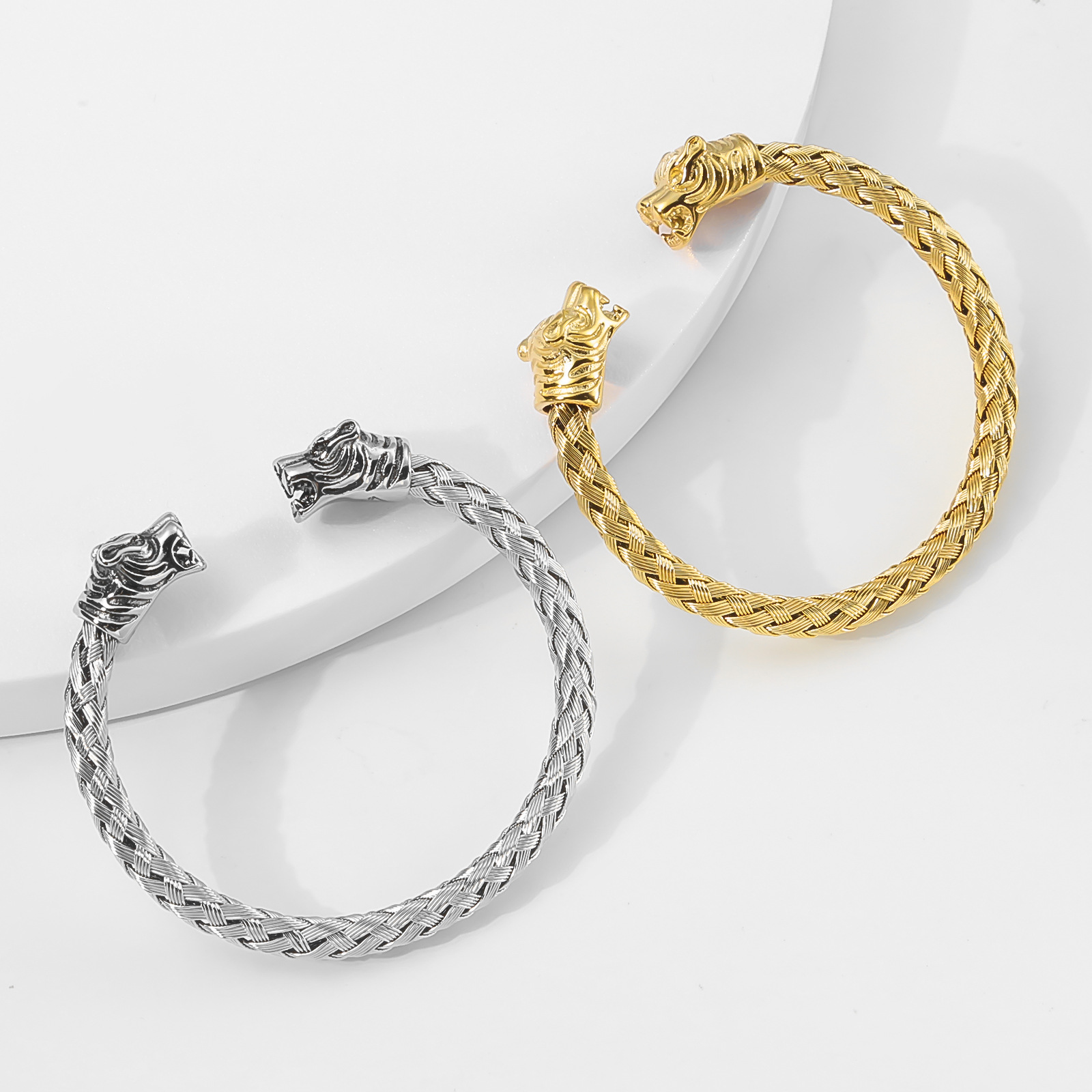 メンズブレスレット 虎頭モチーフ編み込みバングルブレスレット