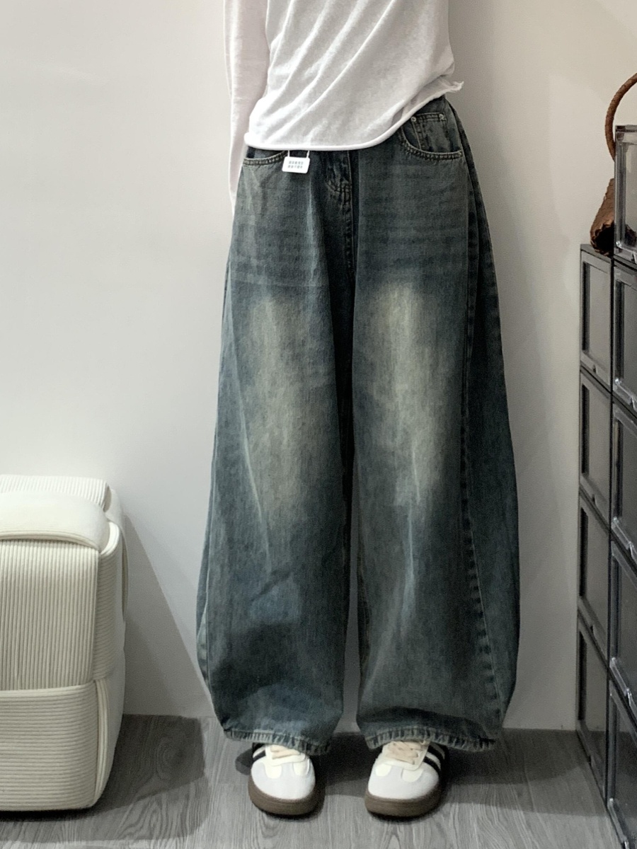 ワイドパンツ メンズ レトロ風ハイウエストワイドジーンズ
