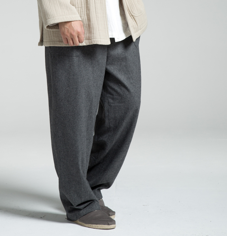 メンズワイドパンツ 上質ウール混紡ゆったりストレートスラックス