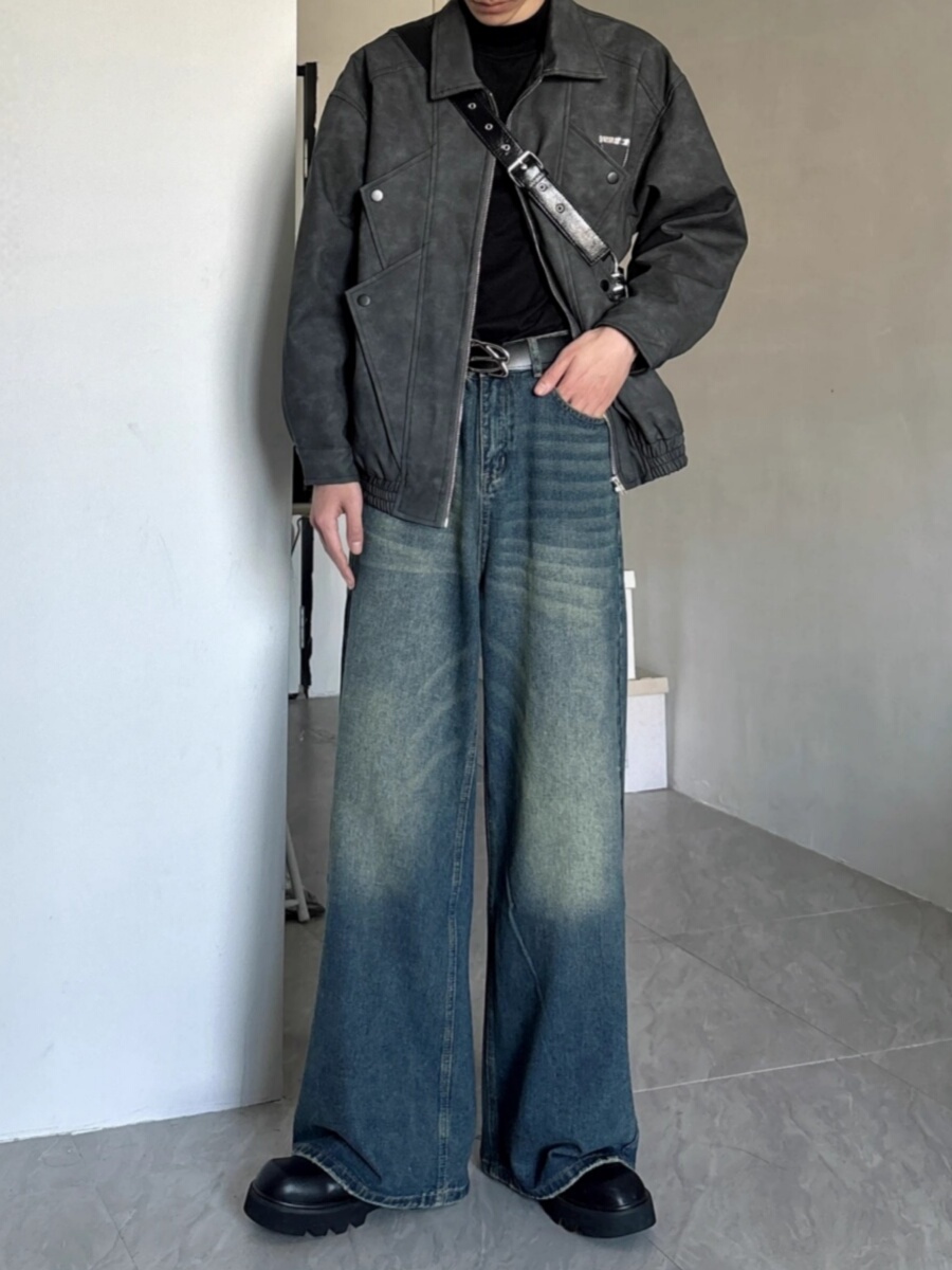 ワイドパンツ メンズ ヴィンテージ加工ワイドデニムパンツ