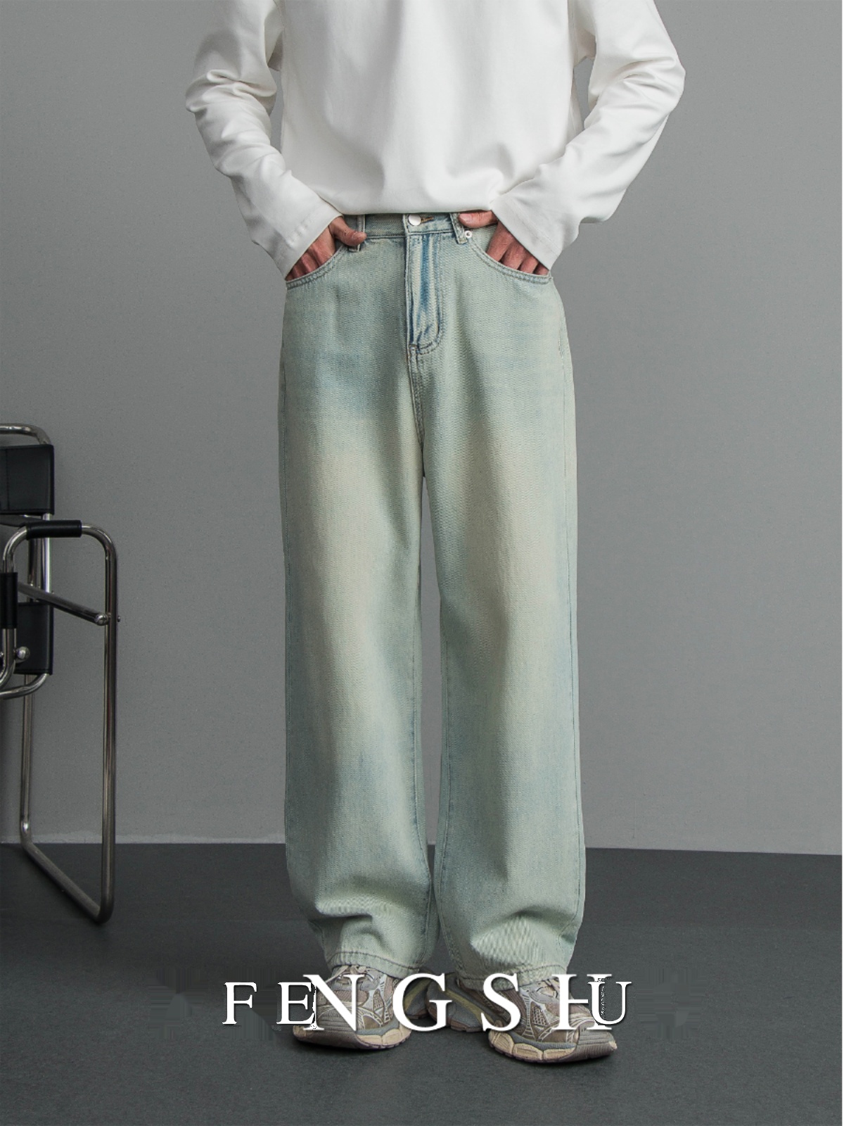 ワイドパンツ メンズ ヴィンテージ加工ワイドデニムパンツ