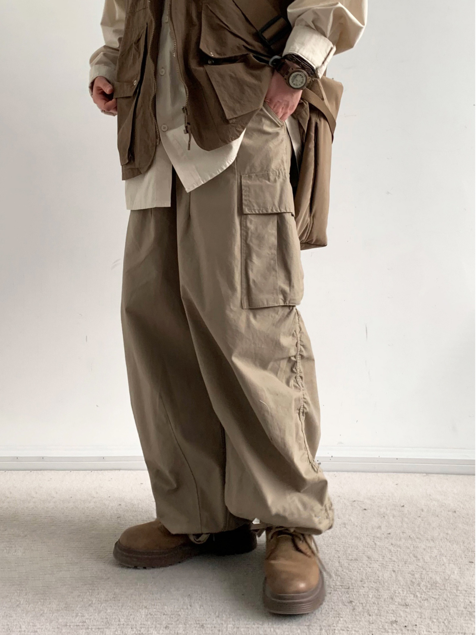 ワイドパンツ メンズ レトロワイドカーゴパンツ 裾絞りデザイン