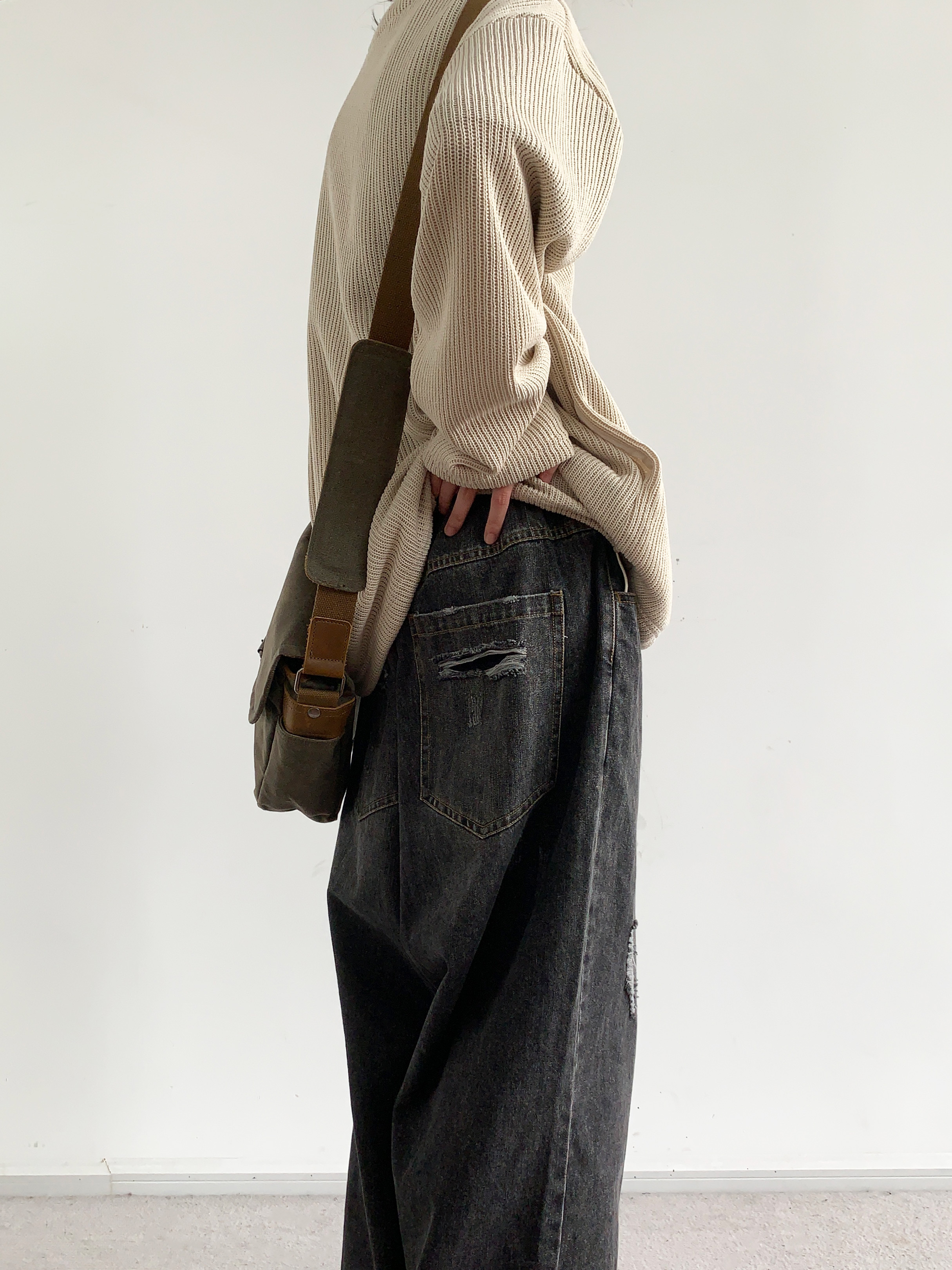 ワイドパンツ メンズ レトロ風ダメージ加工ワイドジーンズ