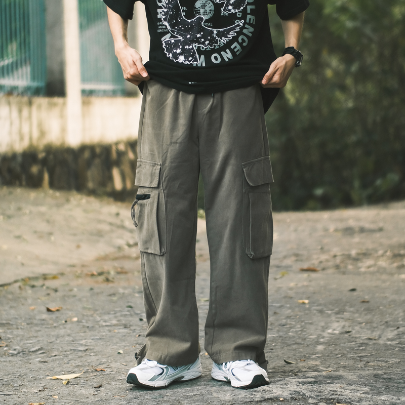 メンズワイドパンツ 多機能ポケット付きゆったりシルエット作業系パンツ