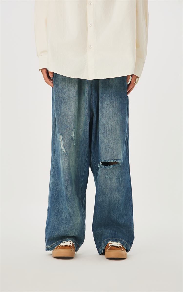 ワイドパンツ メンズ レトロ風ダメージ加工ワイドジーンズ