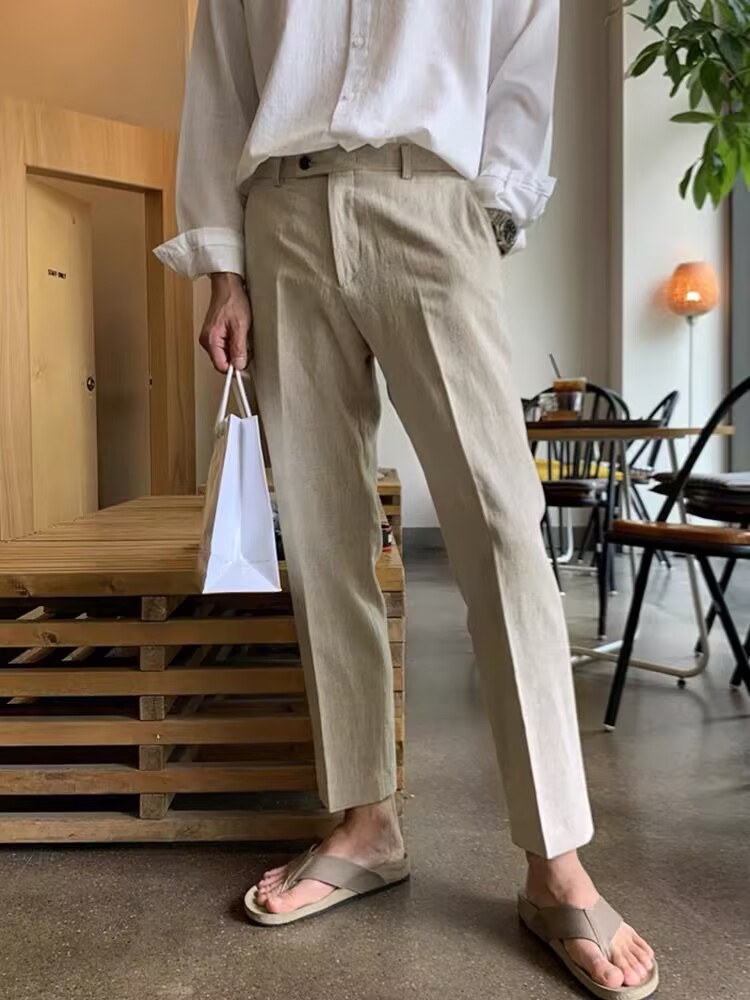ワイドパンツ メンズ 麻素材ゆったり九分丈ワイドパンツメンズ