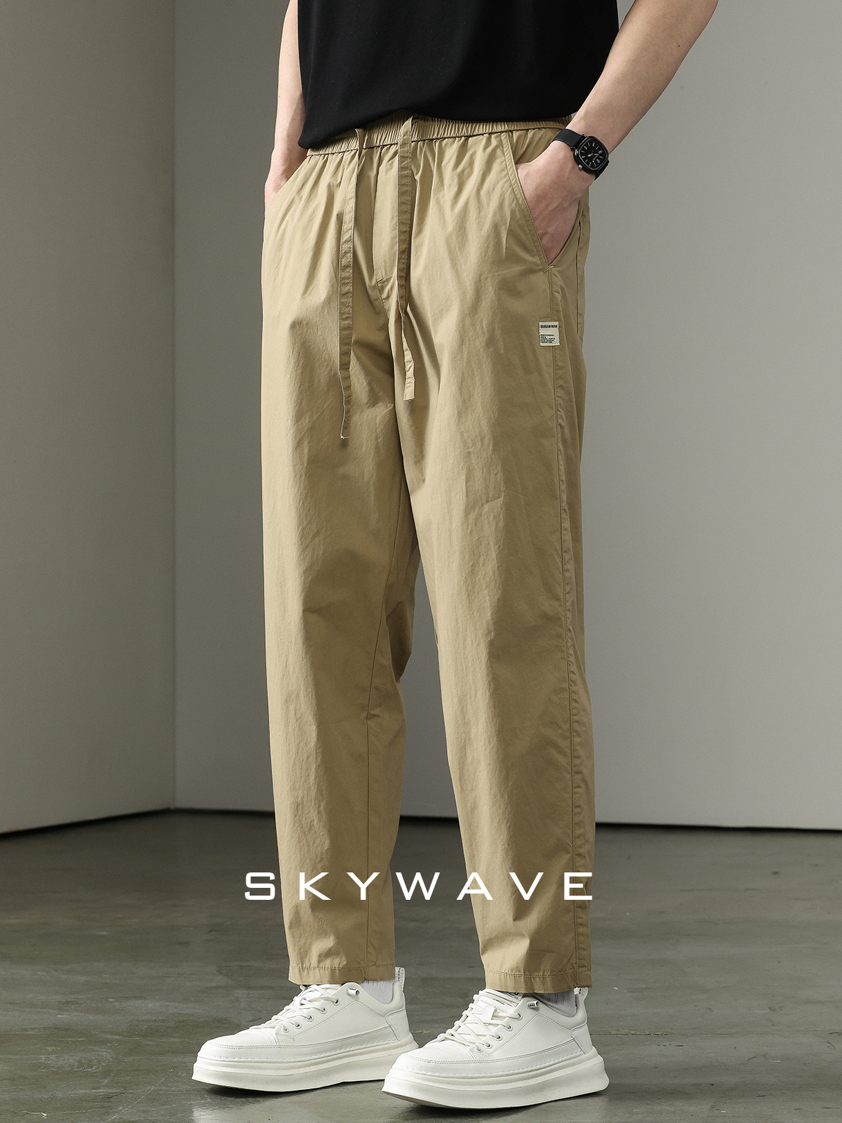 ワイドパンツ メンズ ゆったりシルエット綿混紐付きワイドパンツ