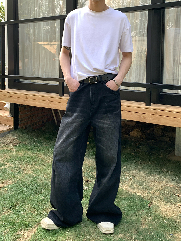 ワイドパンツ メンズ ビンテージ加工ゆったりワイドジーンズ