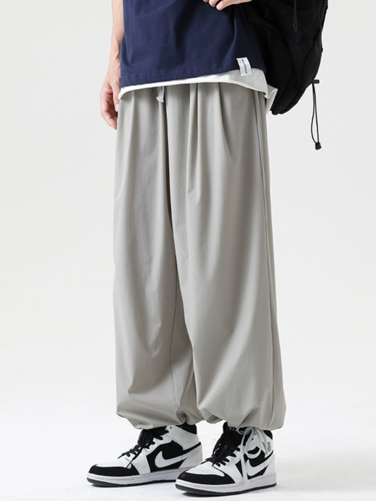 ワイドパンツ メンズ 涼感素材ドローコード裾絞りワイドパンツ