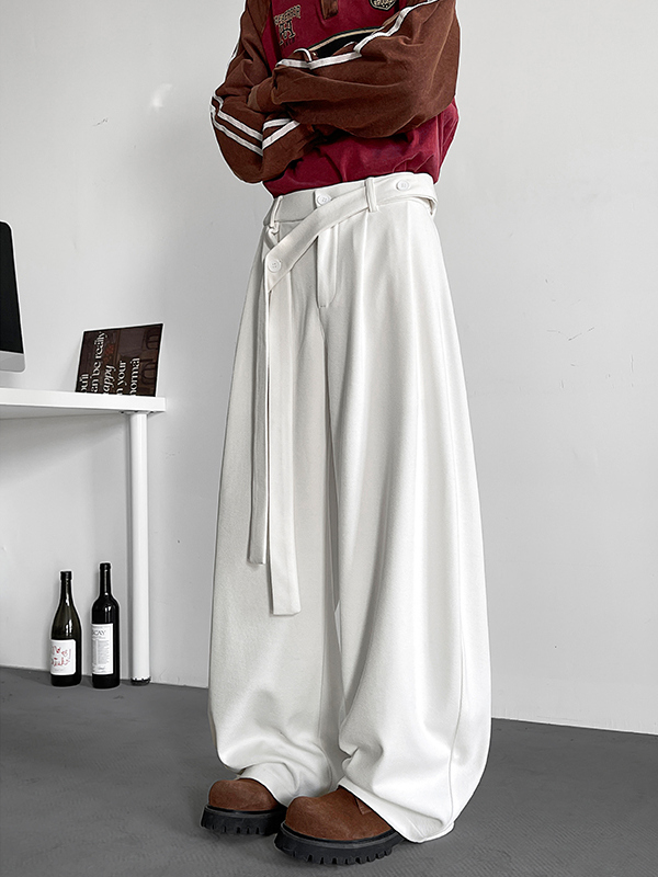 ワイドパンツ メンズ デザイン性高いベルト付きプリーツワイドパンツ