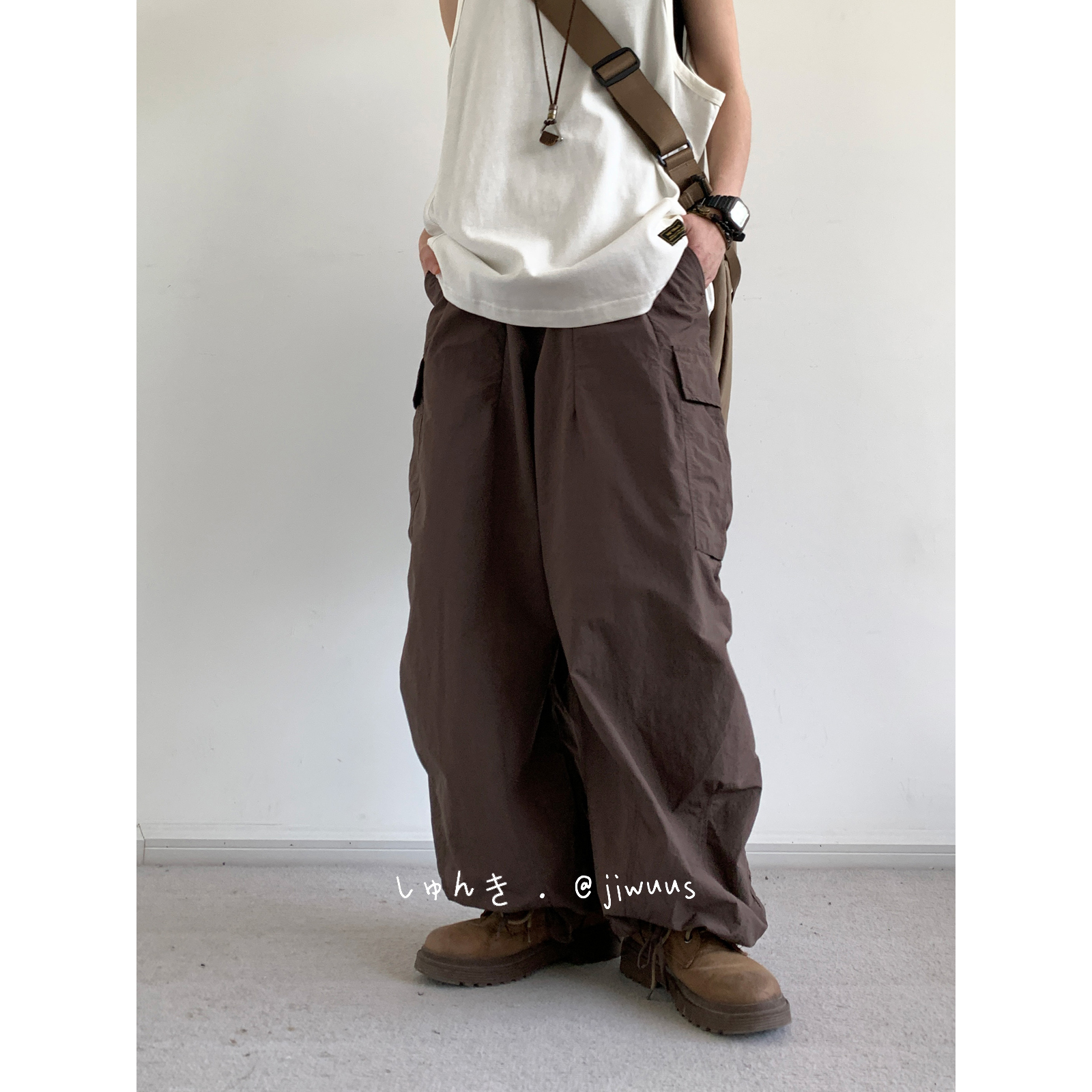 ワイドパンツ メンズ レトロワイドカーゴパンツ 裾絞りデザイン