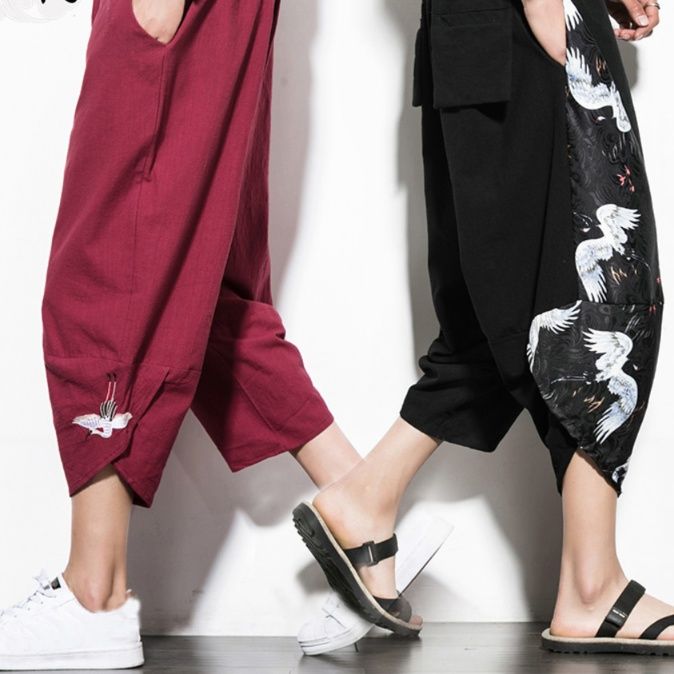 ワイドパンツ メンズ 和風七分丈リネンワイドパンツ