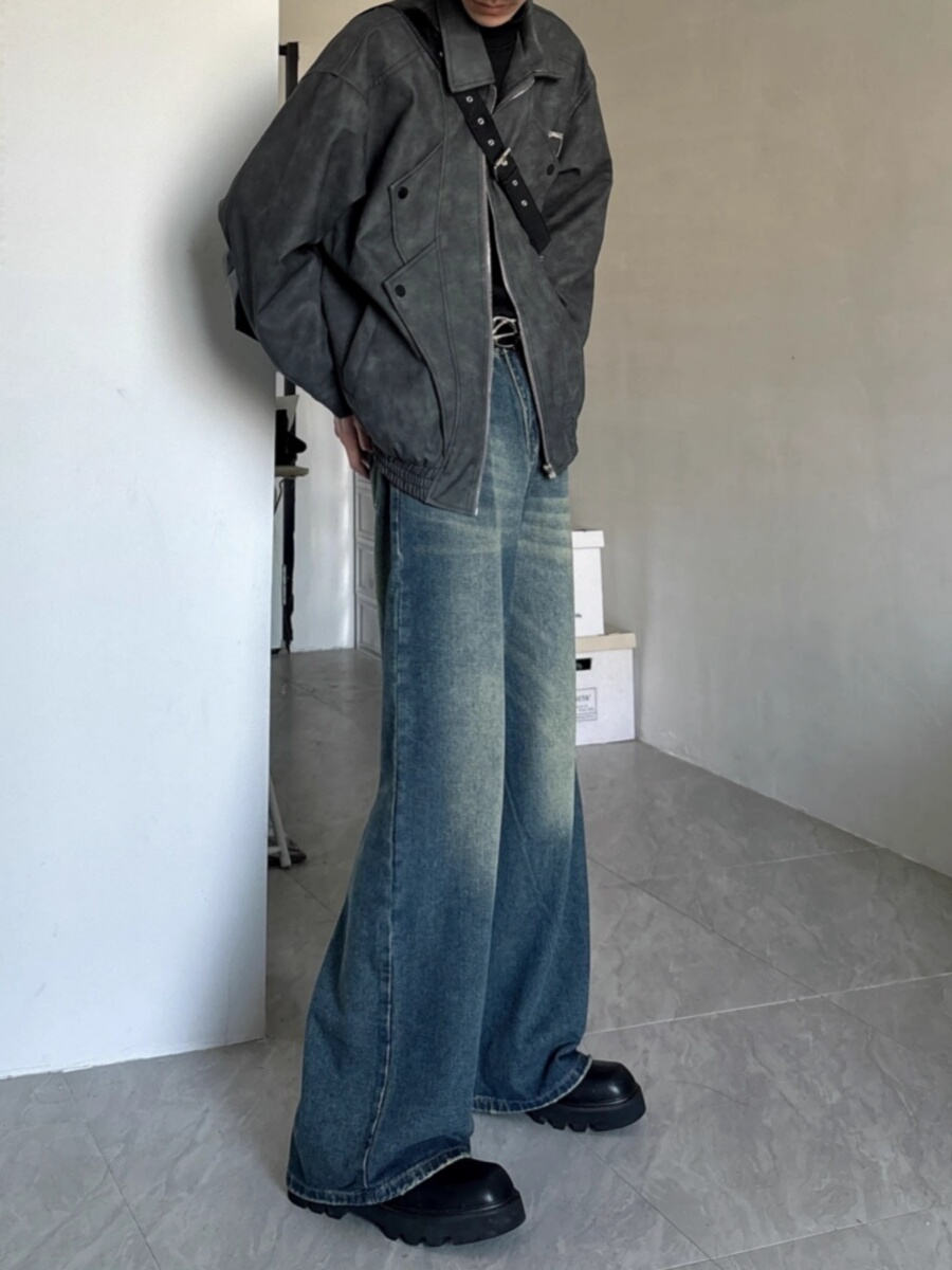 ワイドパンツ メンズ ヴィンテージ加工ワイドデニムパンツ