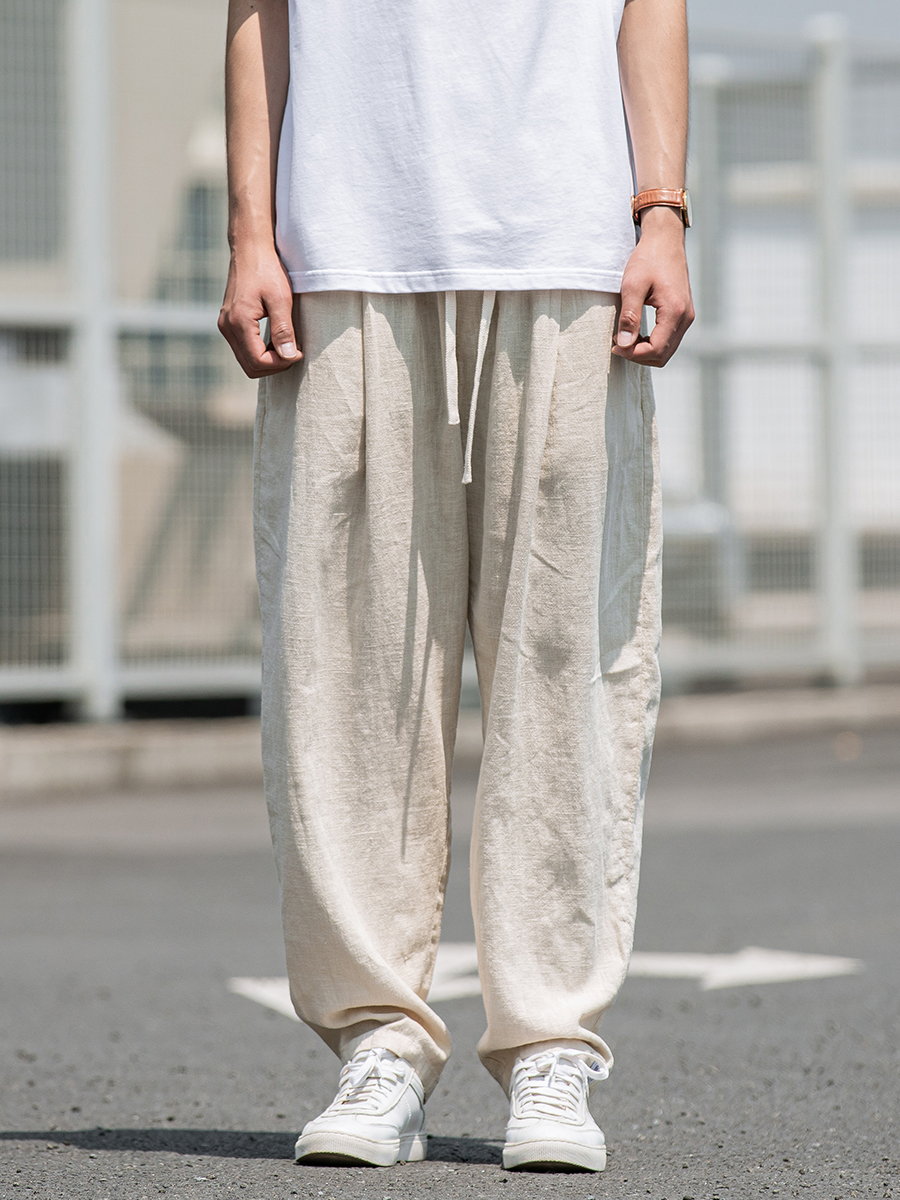 ワイドパンツ メンズ リネンコットン混紡ワイドパンツ ドローコード付き