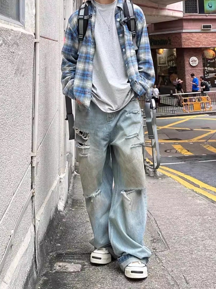 ワイドパンツ メンズ ヴィンテージ加工ダメージワイドデニム
