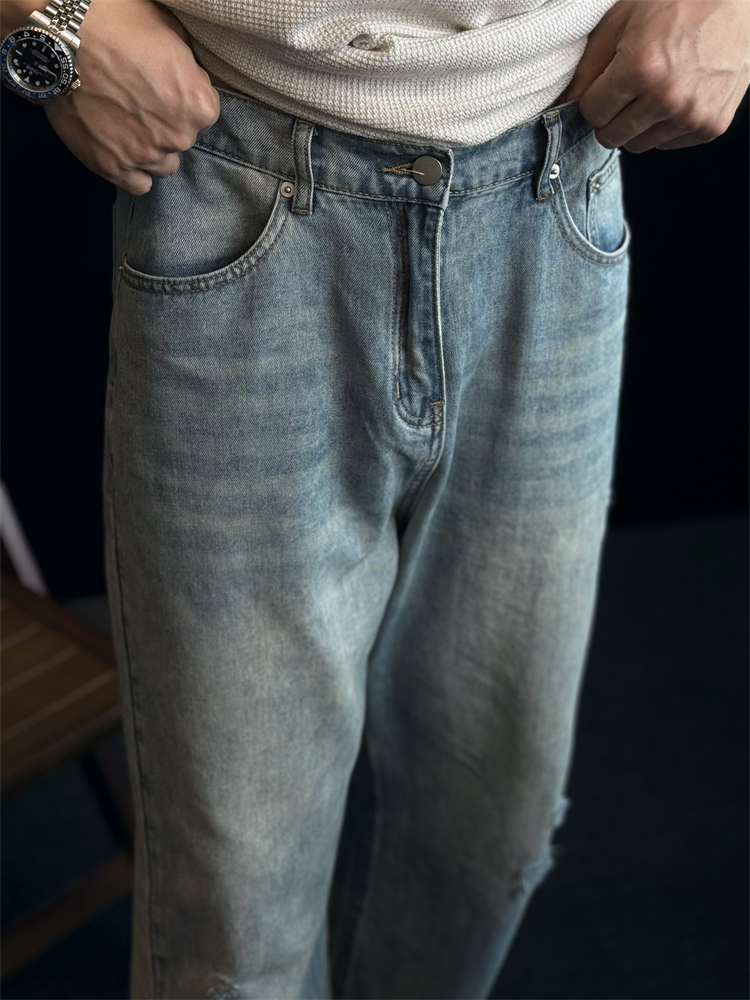ワイドパンツ メンズ レトロ風ダメージ加工ワイドジーンズ