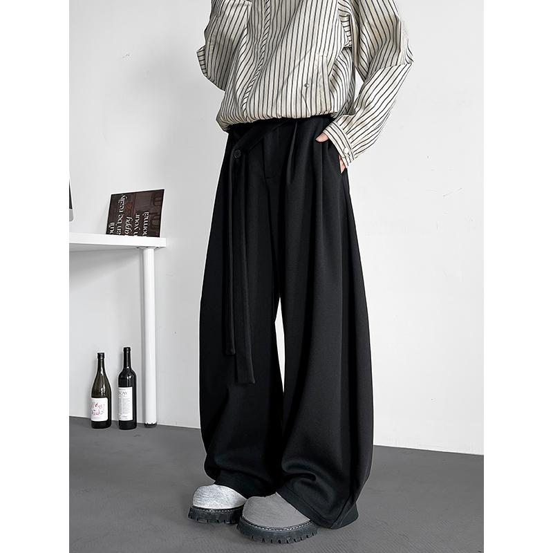 ワイドパンツ メンズ デザイン性高いベルト付きプリーツワイドパンツ