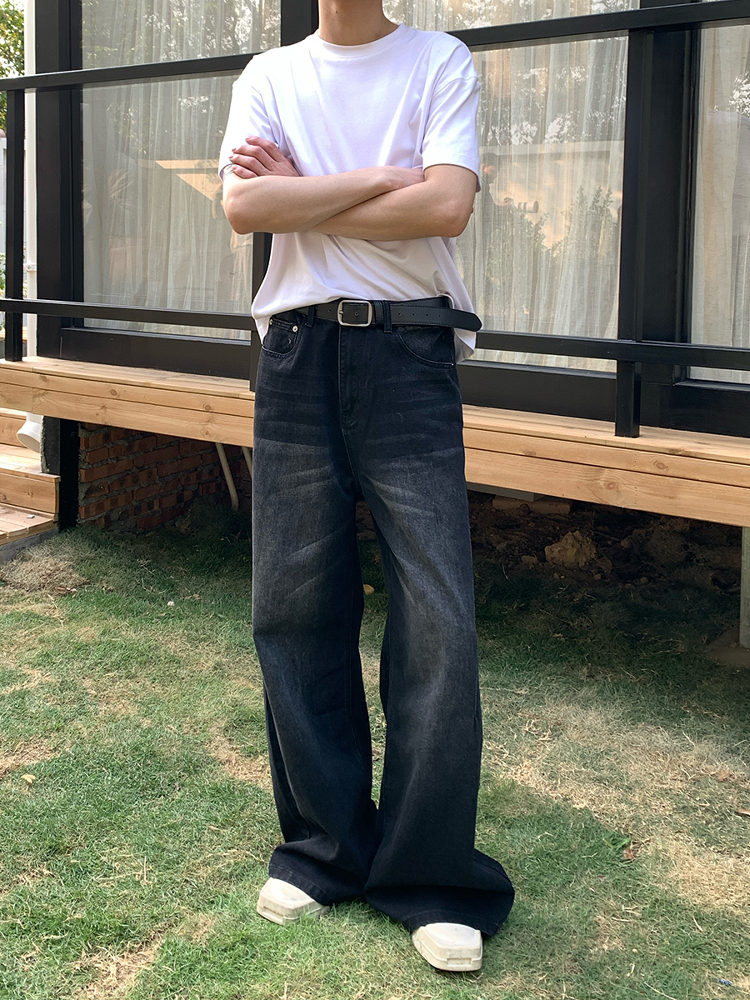 ワイドパンツ メンズ ビンテージ加工ゆったりワイドジーンズ