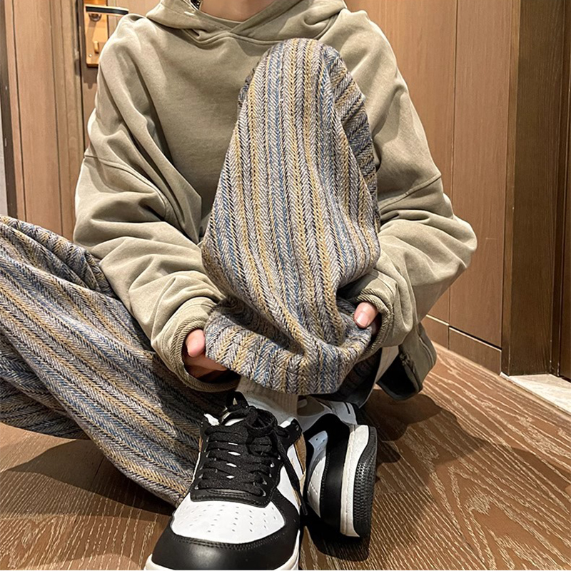 ワイドパンツ メンズ ヘリンボーン柄ウール混ワイドパンツ