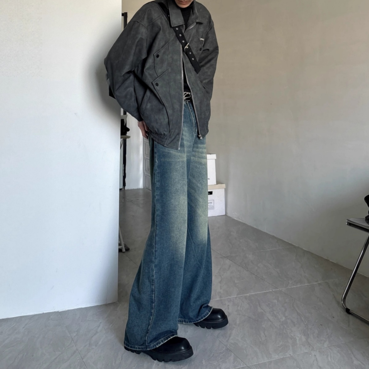 ワイドパンツ メンズ ヴィンテージ加工ワイドデニムパンツ