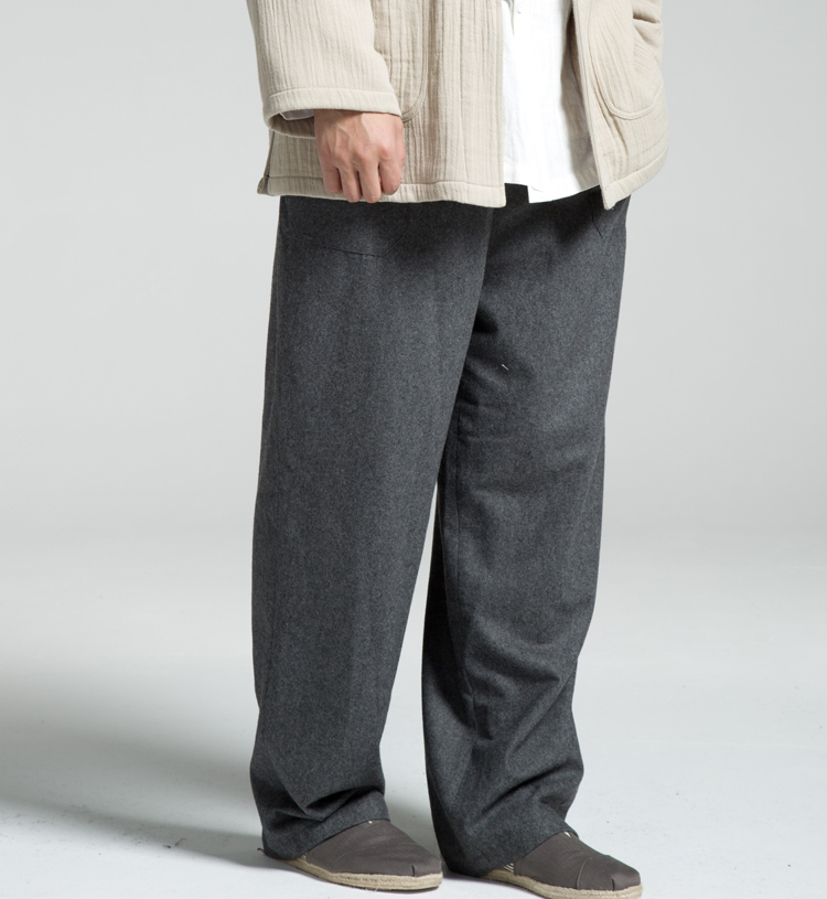 メンズワイドパンツ 上質ウール混紡ゆったりストレートスラックス
