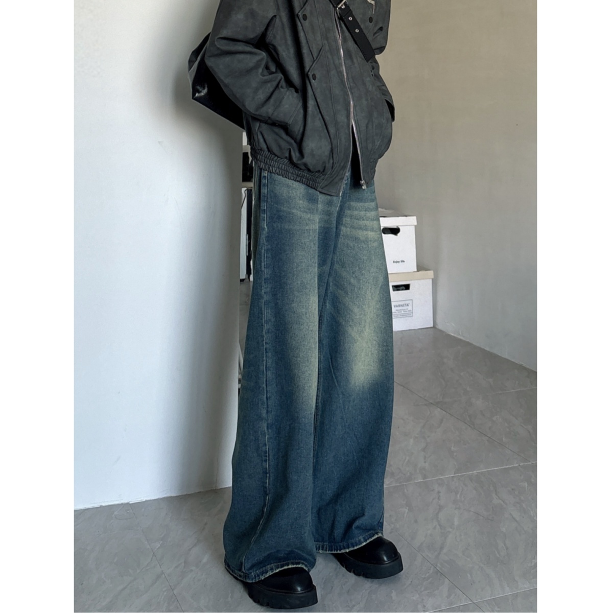 ワイドパンツ メンズ ヴィンテージ加工ワイドデニムパンツ