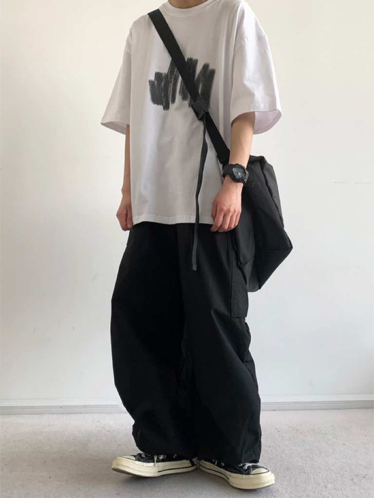 ワイドパンツ メンズ レトロワイドカーゴパンツ 裾絞りデザイン