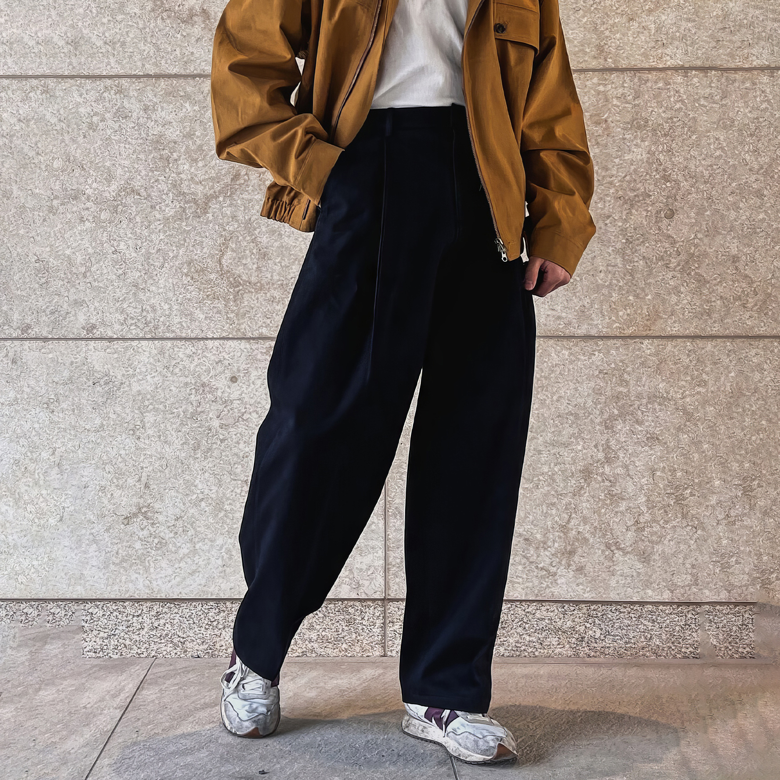 メンズワイドパンツ センタープレス入りゆったりシルエットスラックス