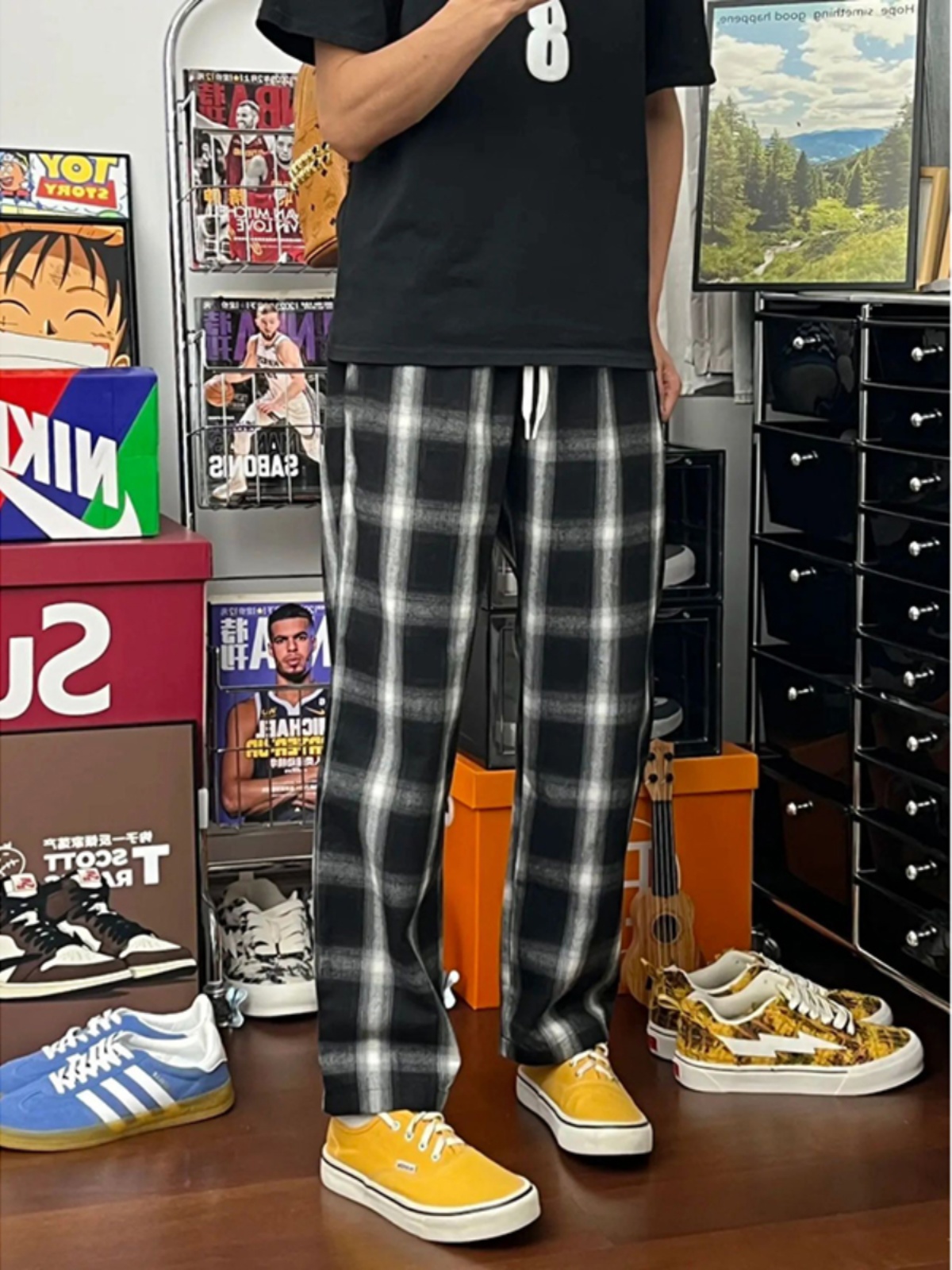 ワイドパンツ メンズ チェック柄ワイドパンツ ストレート