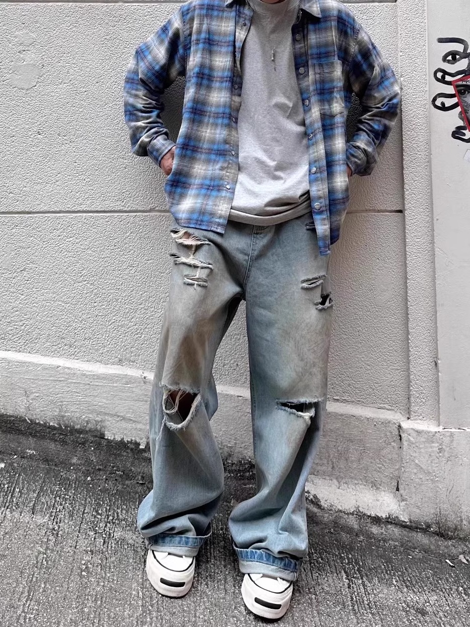 ワイドパンツ メンズ ヴィンテージ加工ダメージワイドデニム
